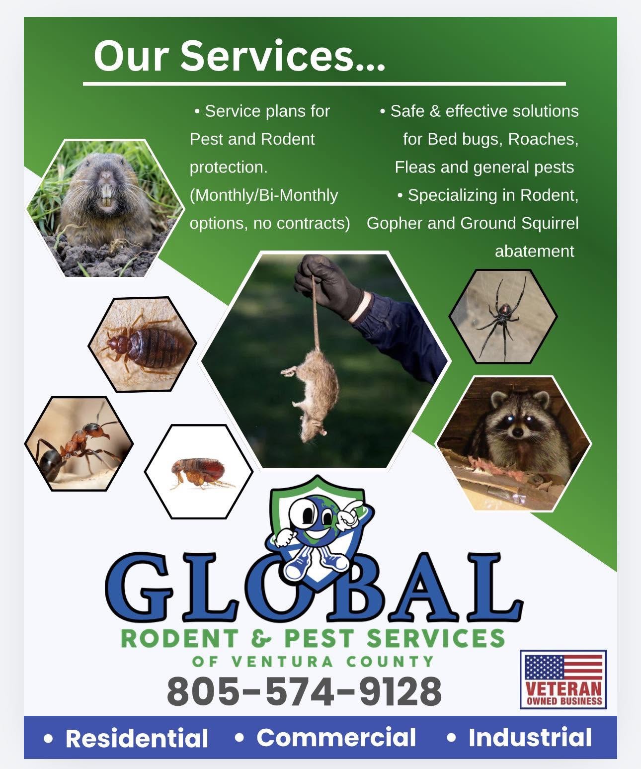 Global Rodent & Pest Services — service overview: pest and rodent plans, bed bugs, roaches, fleas, gopher and ground squirrel abatement. Residential, Commercial, Industrial.